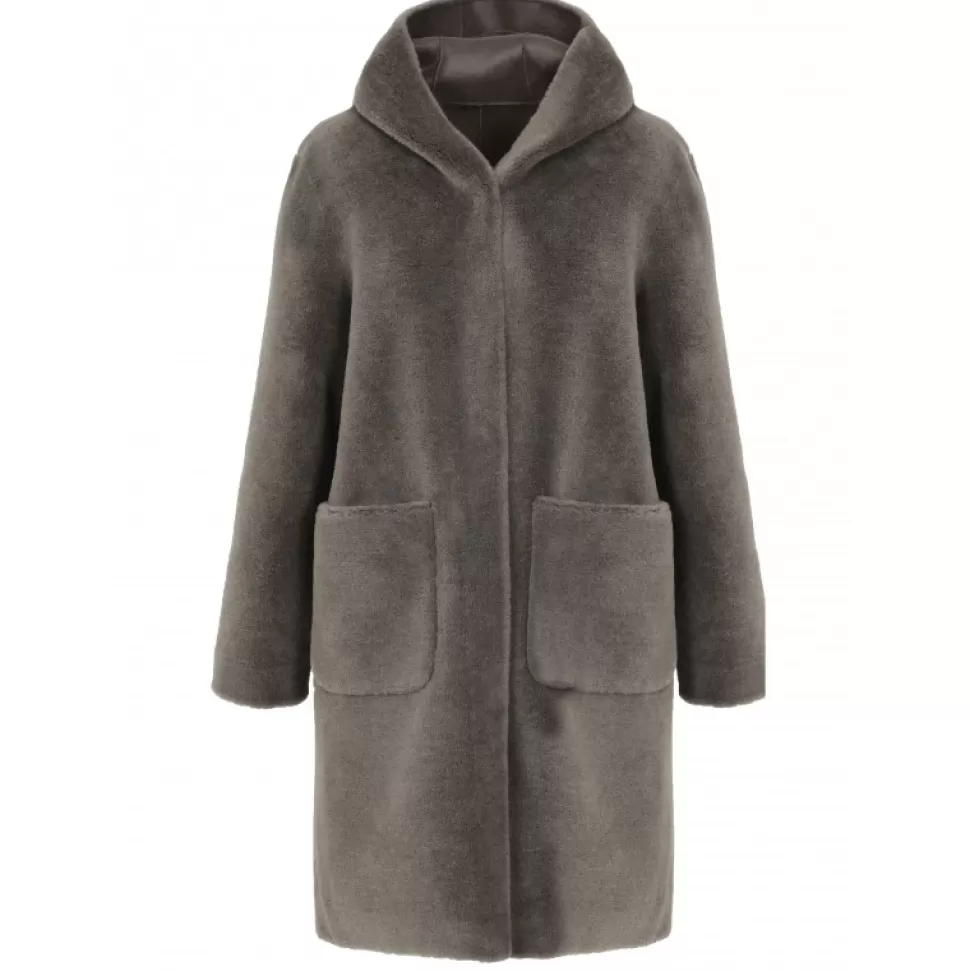 Women OAKWOOD Coats*Angelique Dark Khaki - Faux Shearling Reversible Hooded Coat