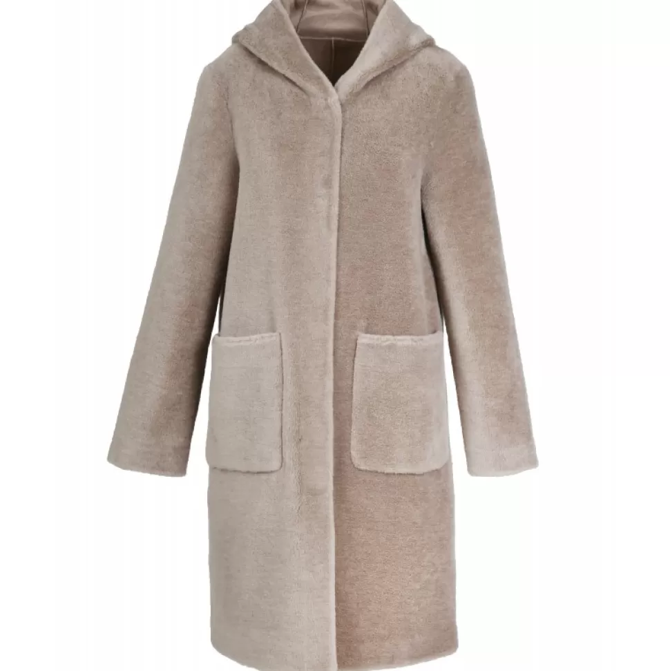 Women OAKWOOD Coats*Angelique Taupe - Faux Shearling Reversible Hooded Coat