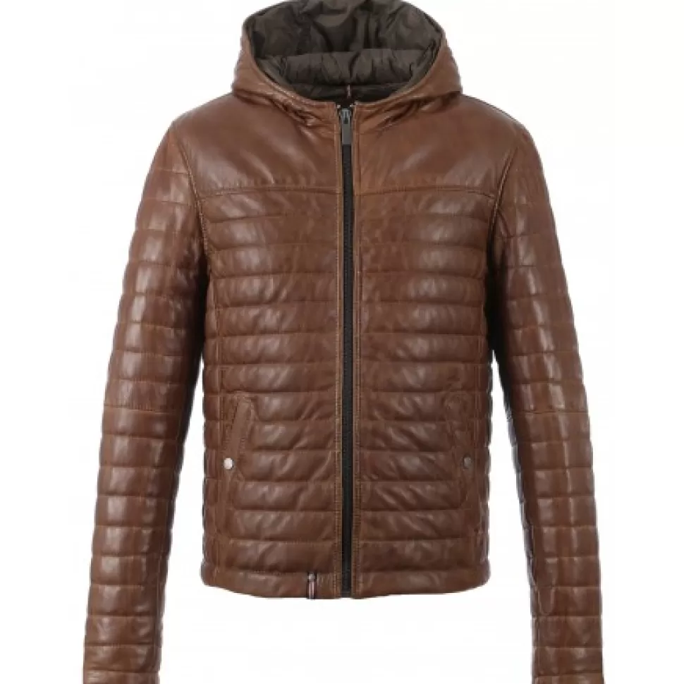 Men OAKWOOD Down Jackets*Aurelien Cognac - Two-Tone Genuine Leather Hooded Down Jacket