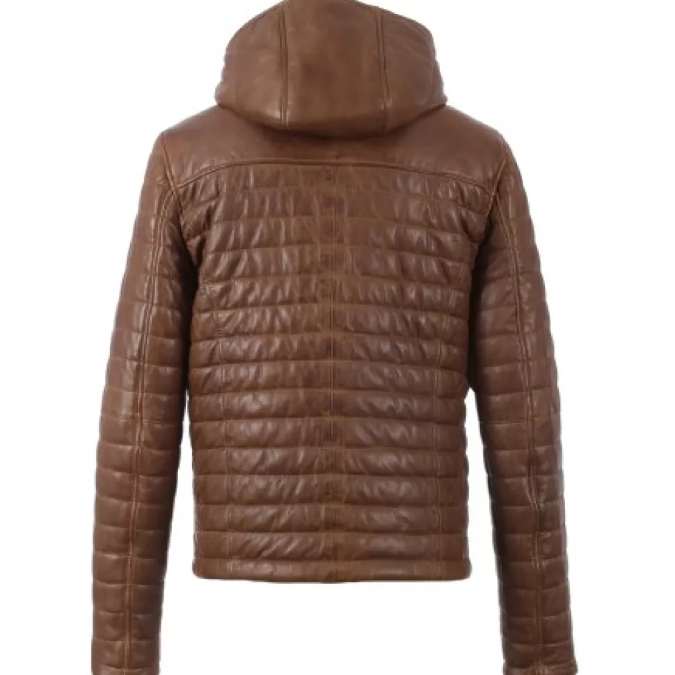 Men OAKWOOD Down Jackets*Aurelien Cognac - Two-Tone Genuine Leather Hooded Down Jacket