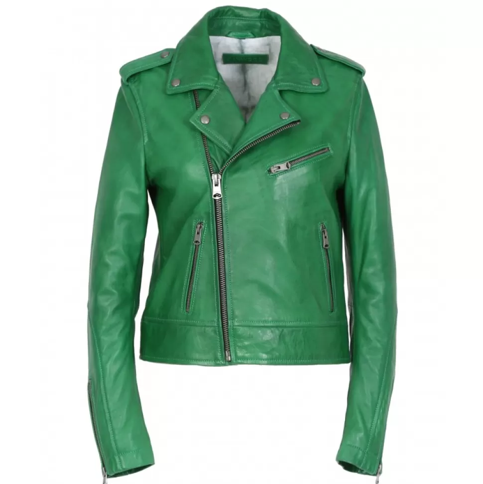 Women OAKWOOD Biker Jackets*Boogie Green- Refined Genuine Leather Jacket With Asymmetrical Closing