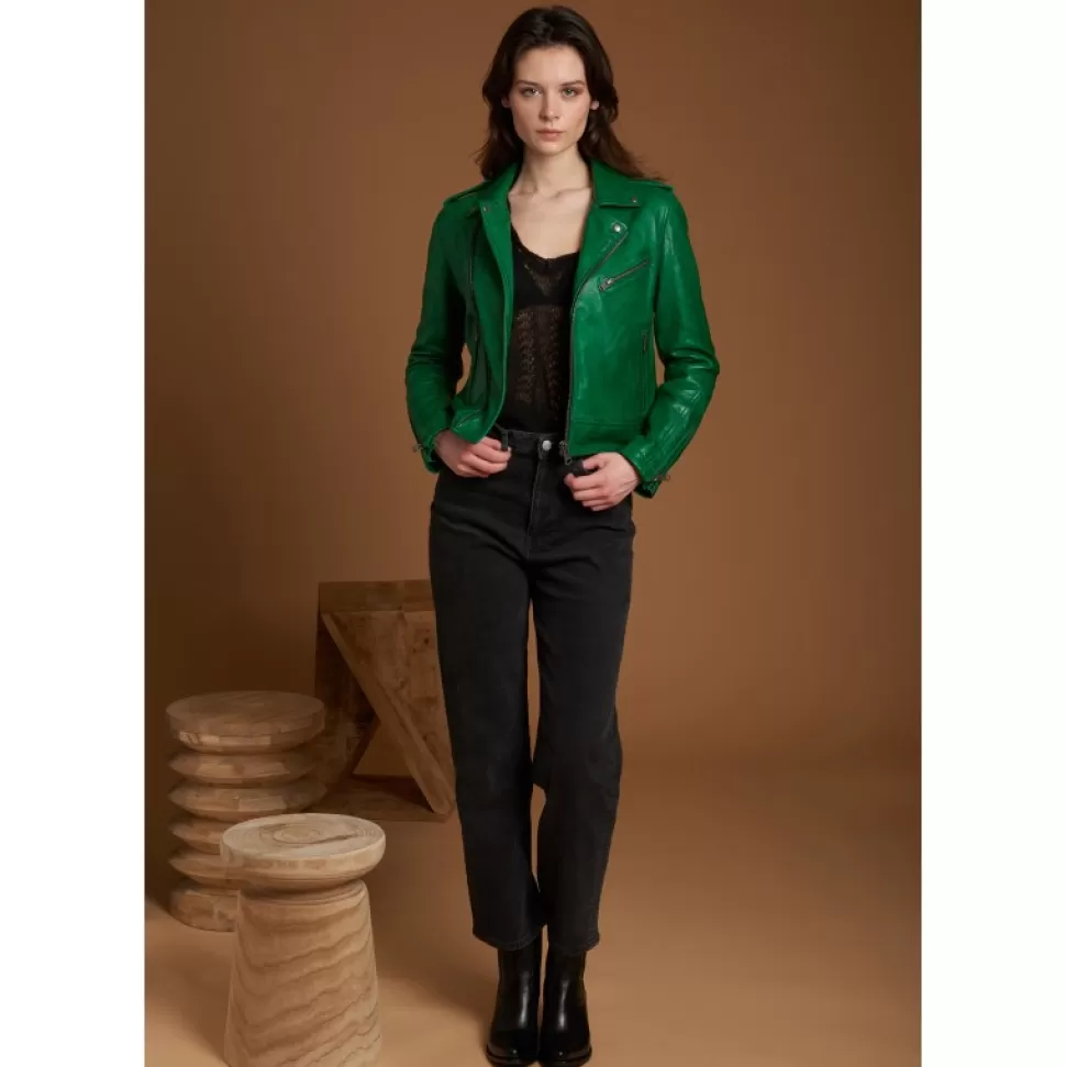 Women OAKWOOD Biker Jackets*Boogie Green- Refined Genuine Leather Jacket With Asymmetrical Closing