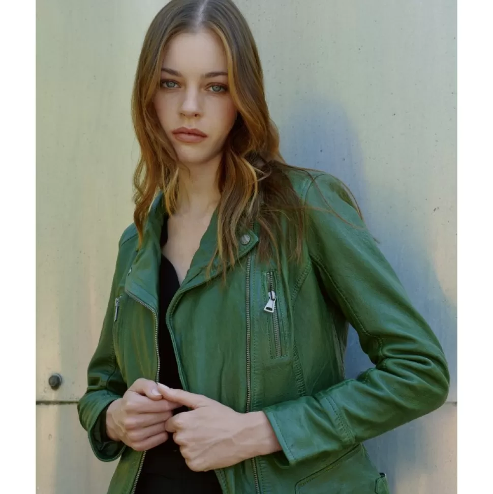 Women OAKWOOD Biker Jackets*Camera Green - Genuine Leather Jacket