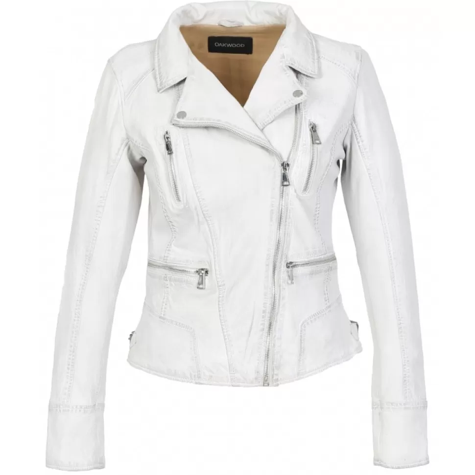 Women OAKWOOD Biker Jackets*Camera White - Genuine Leather Jacket With Washed Effect