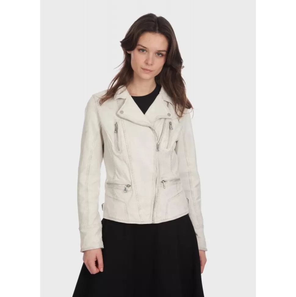 Women OAKWOOD Biker Jackets*Camera White - Genuine Leather Jacket With Washed Effect