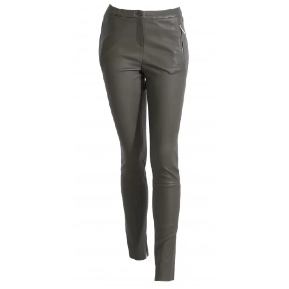 Women OAKWOOD Trousers*Celeste Dark Khaki - Genuine Leather Stretch Trousers