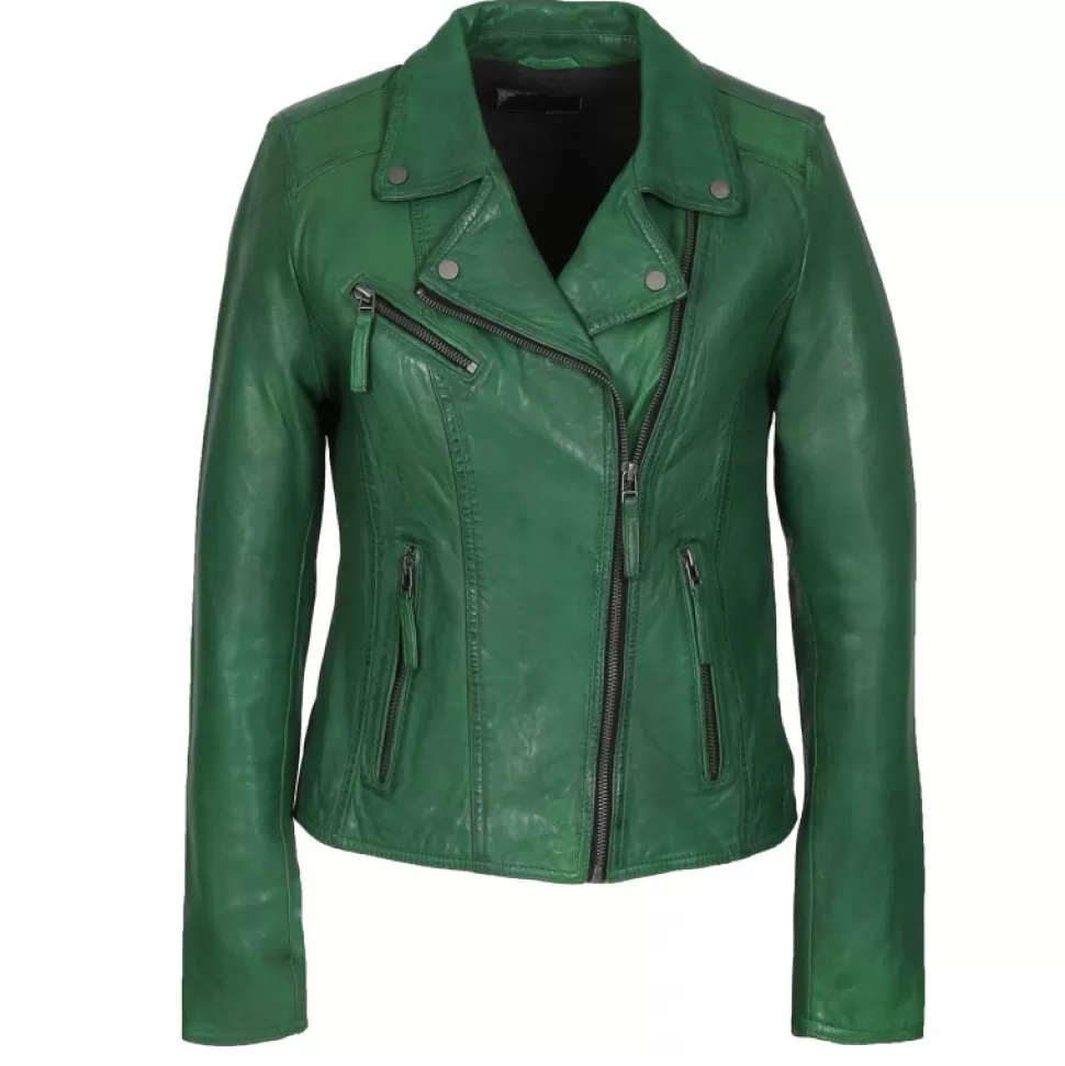 Women OAKWOOD Biker Jackets*Clips Green - Asymetrical Refined Jacket In Genuine Leather