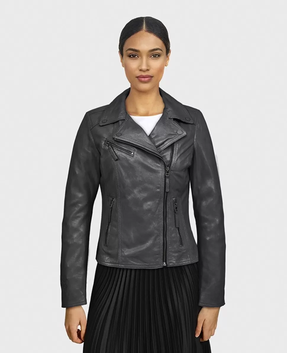 Women OAKWOOD Biker Jackets*Club Metal Black - Asymetrical Refined Jacket In Genuine Leather