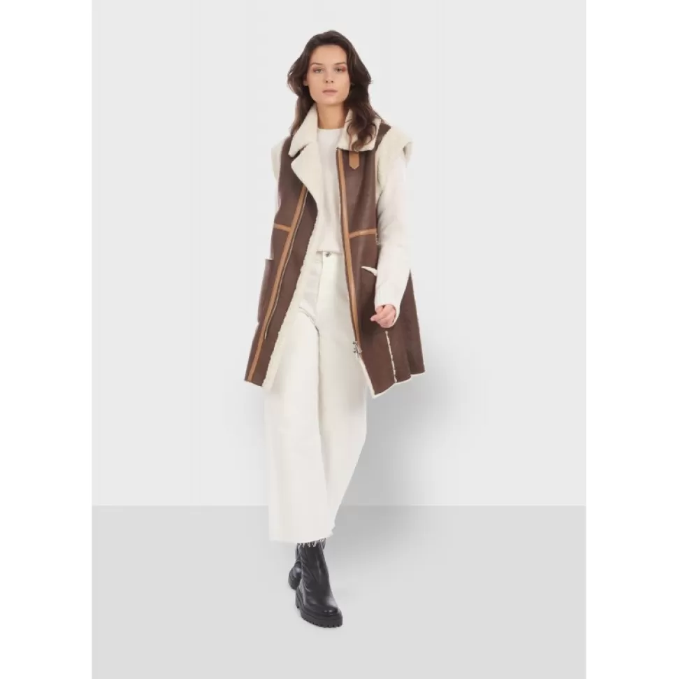 Women OAKWOOD Coats*Coulisse Antic Brown - Faux Shearling Sleeveless Coat