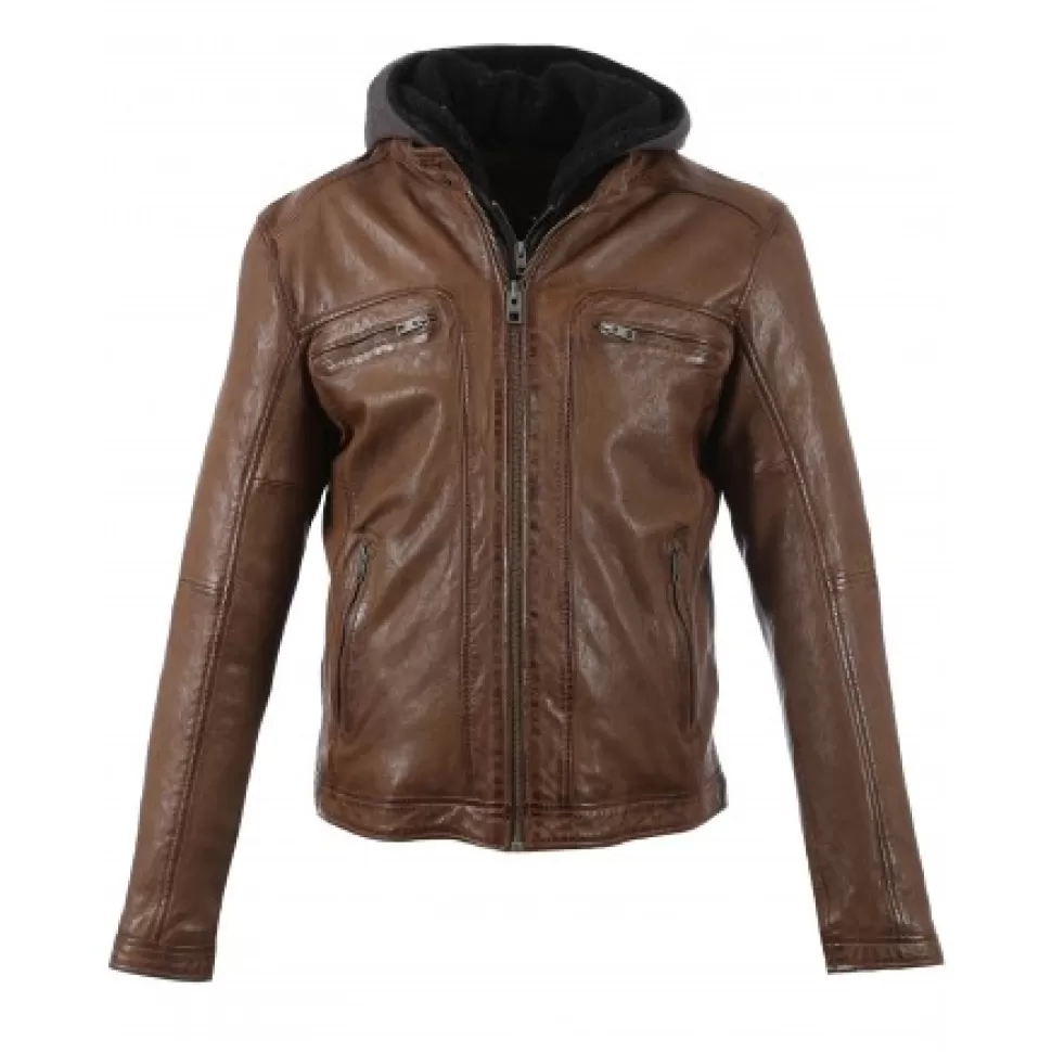 Men OAKWOOD Jackets*Drink Tan - Leather Jacket With Removable Hood