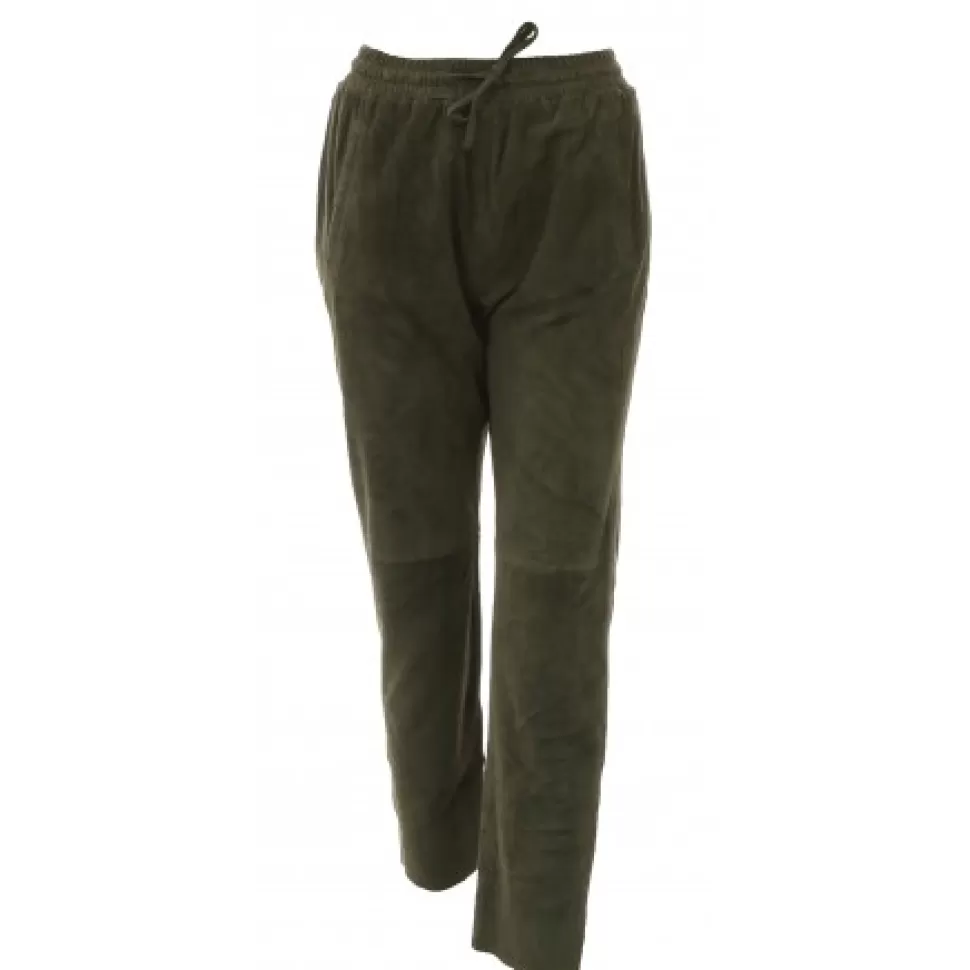 Women OAKWOOD Trousers*Gift Dark Khaki - Genuine Suede Leather Jogpants