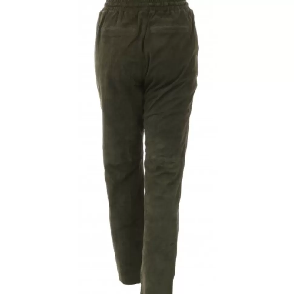 Women OAKWOOD Trousers*Gift Dark Khaki - Genuine Suede Leather Jogpants