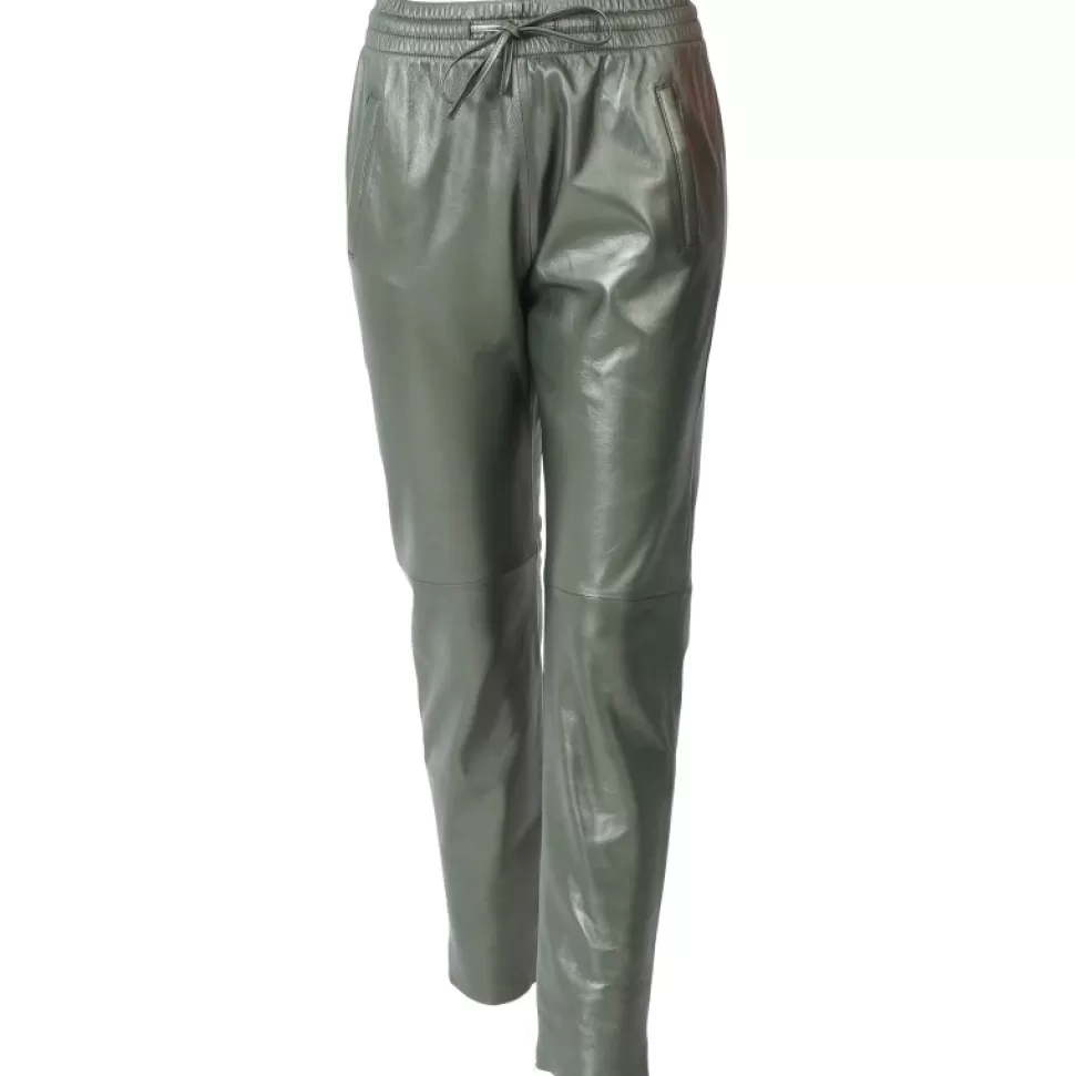 Women OAKWOOD Trousers*Gift Metal Dark Green - Genuine Leather Jogpants