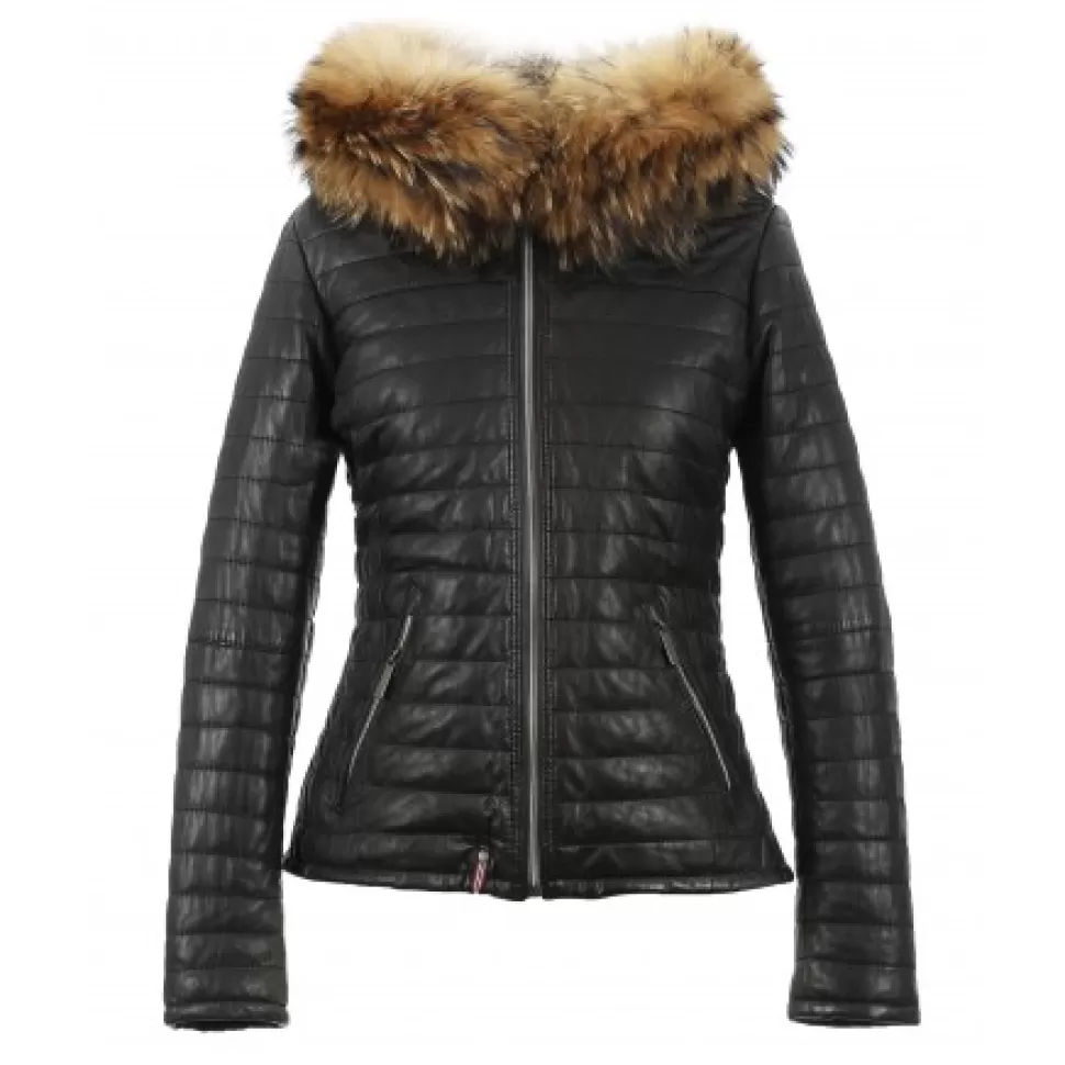 Women OAKWOOD Downjackets*Happy Black - Real Fur Hooded Genuine Leather Jacket