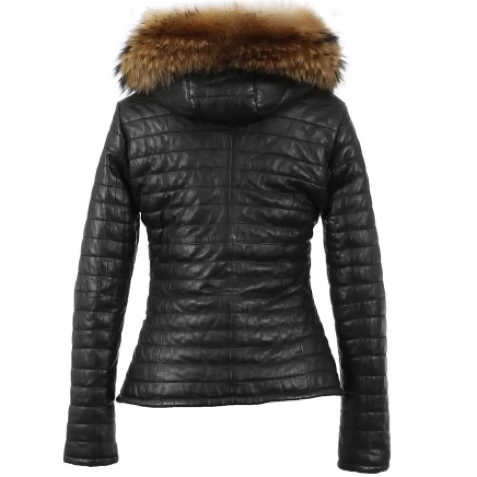 Women OAKWOOD Downjackets*Happy Black - Real Fur Hooded Genuine Leather Jacket