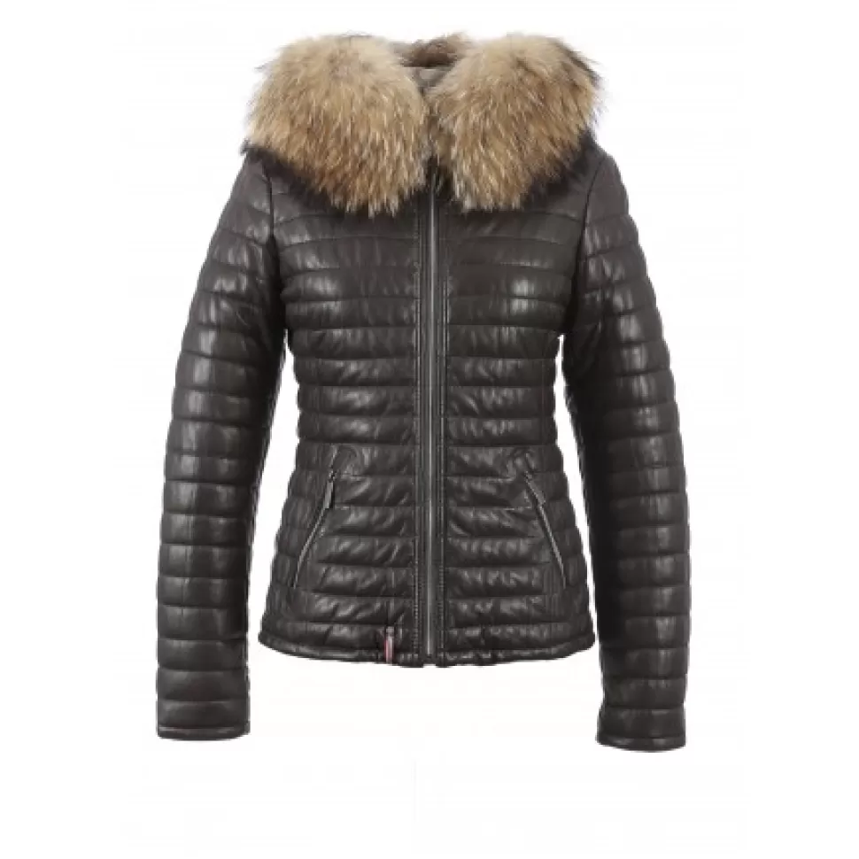 Women OAKWOOD Downjackets*Happy Brown - Real Fur Hooded Genuine Leather Jacket