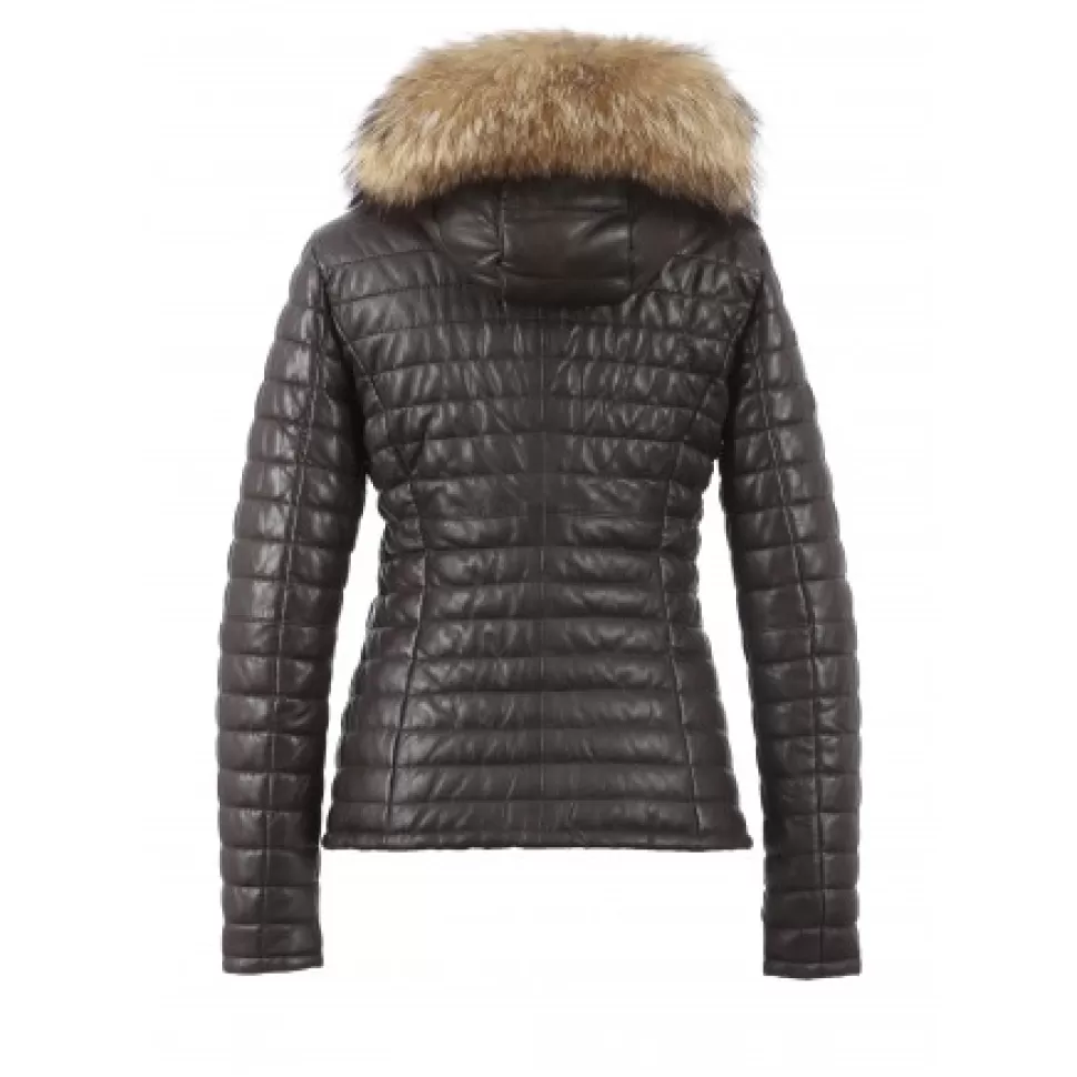 Women OAKWOOD Downjackets*Happy Brown - Real Fur Hooded Genuine Leather Jacket