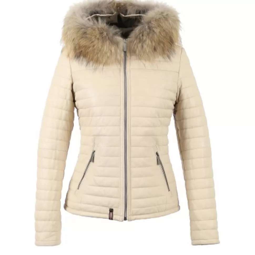 Women OAKWOOD Downjackets*Happy Eggshell- Real Fur Hooded Genuine Leather Jacket