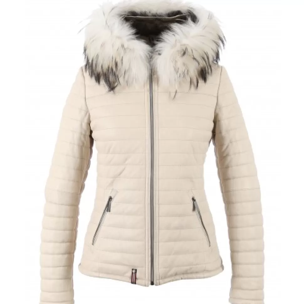 Women OAKWOOD Downjackets*Happy Ivory - Real Fur Hooded Genuine Leather Jacket