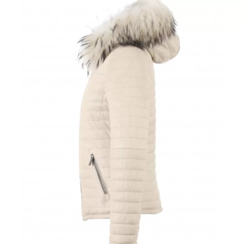 Women OAKWOOD Downjackets*Happy Ivory - Real Fur Hooded Genuine Leather Jacket