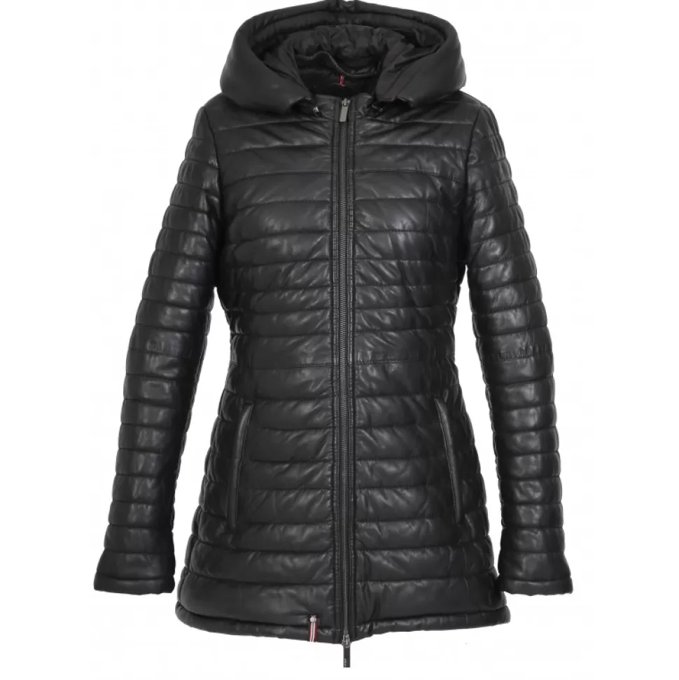 Women OAKWOOD Downjackets*Hopper Black - Mid-Long Genuine Leather Down Jacket Lapel Hood