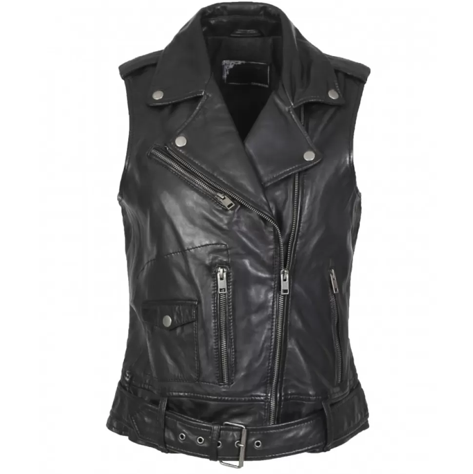 Women OAKWOOD Vests*Kylie 6 Noir - Sleeveless Biker Jacket In Genuine Leather