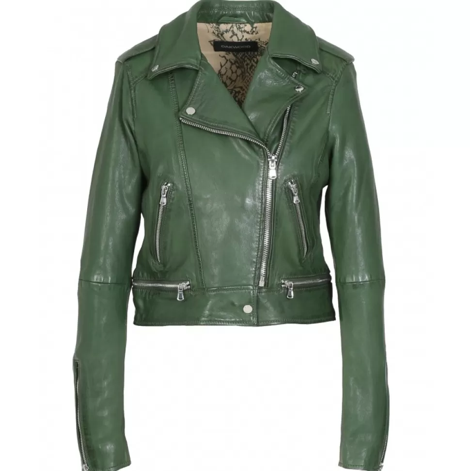 Women OAKWOOD Biker Jackets*Kyoto Green - Washed Look Genuine Leather Jacket