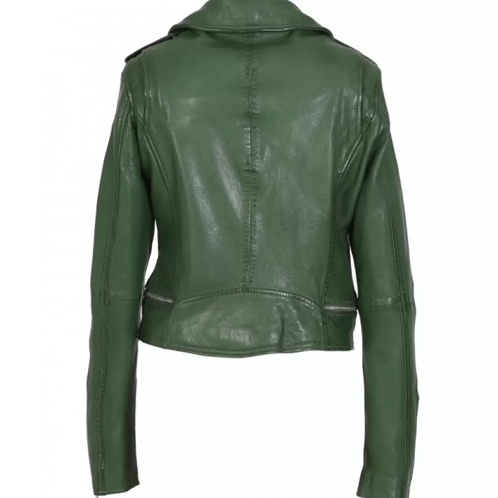 Women OAKWOOD Biker Jackets*Kyoto Green - Washed Look Genuine Leather Jacket