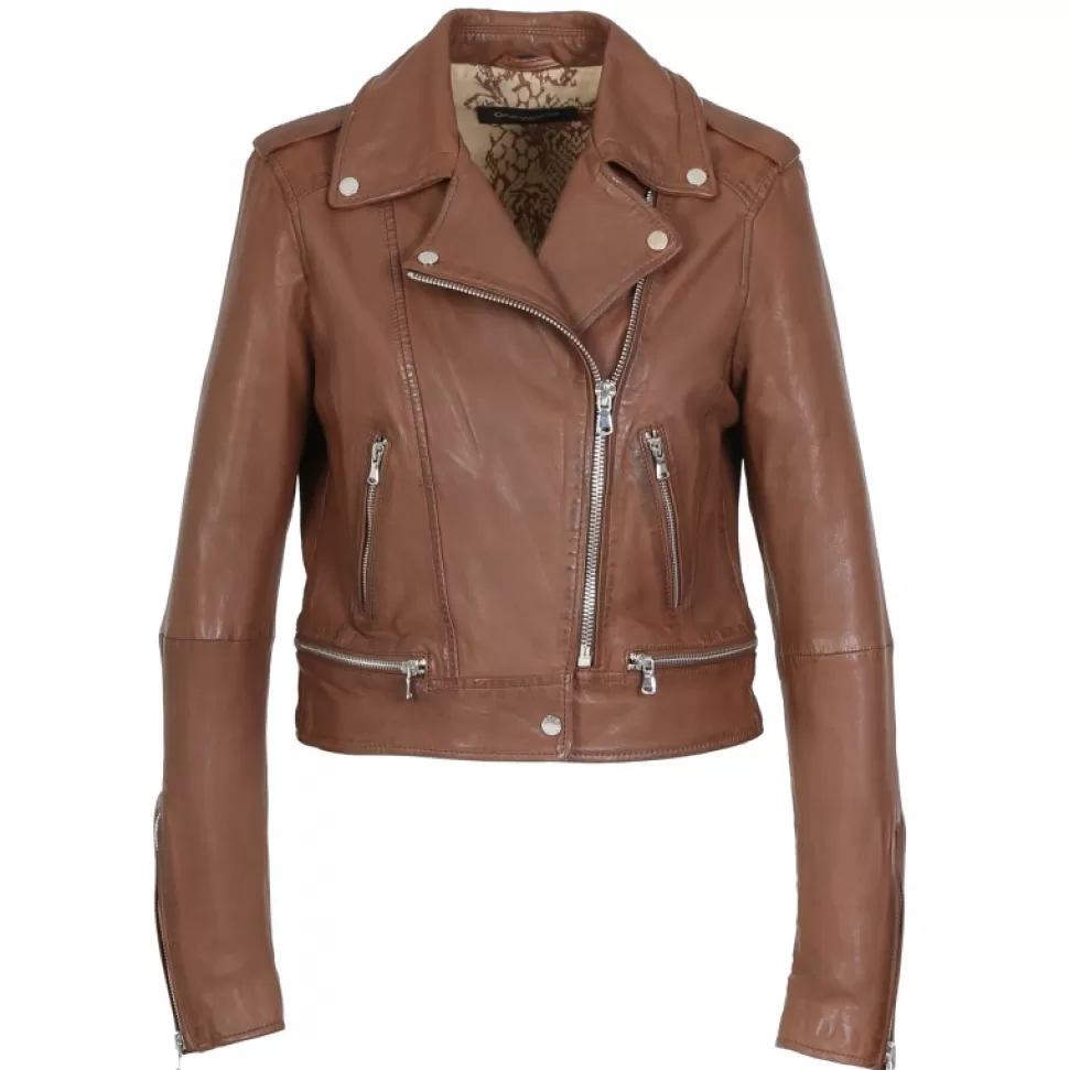 Women OAKWOOD Biker Jackets*Kyoto Tan - Washed Look Genuine Leather Jacket