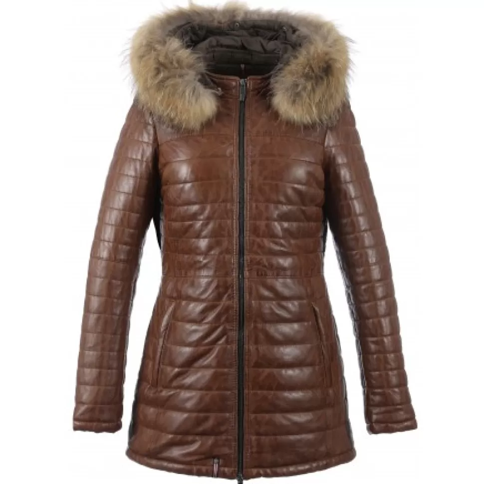 Women OAKWOOD Downjackets*Popping Cognac -Two-Tone Genuine Leather Long Down Jacket