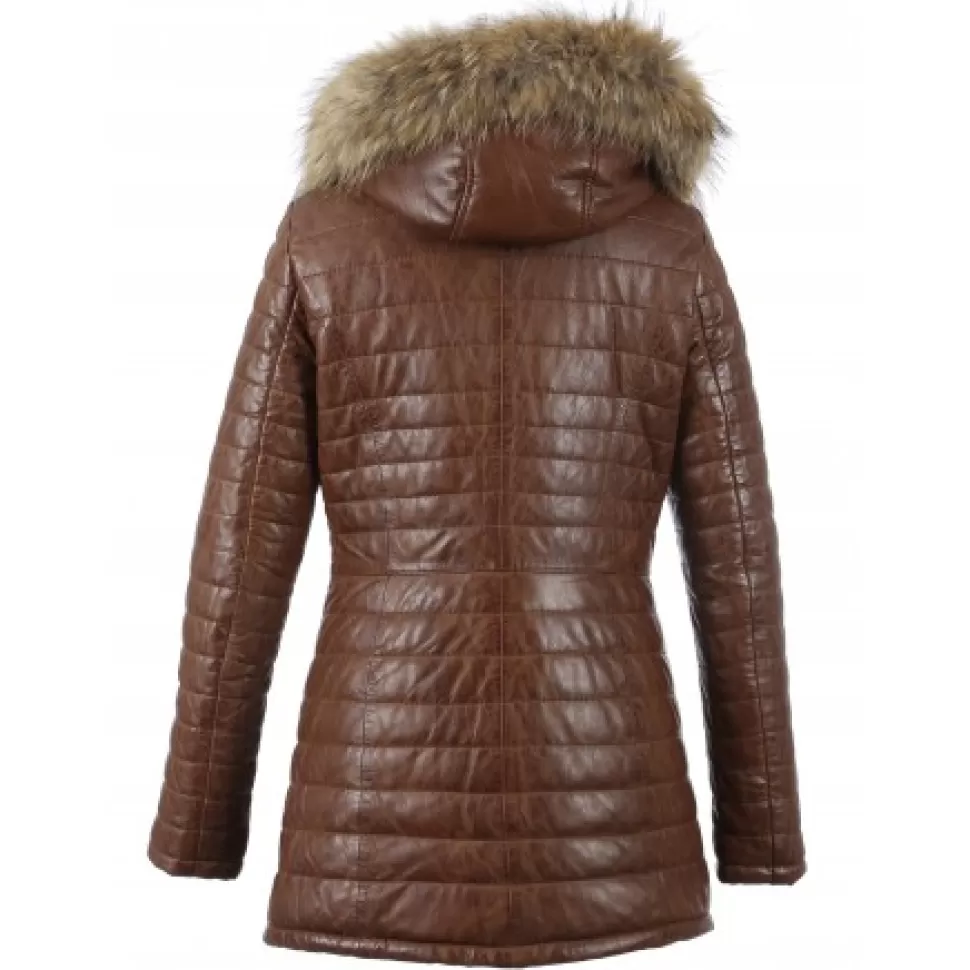 Women OAKWOOD Downjackets*Popping Cognac -Two-Tone Genuine Leather Long Down Jacket