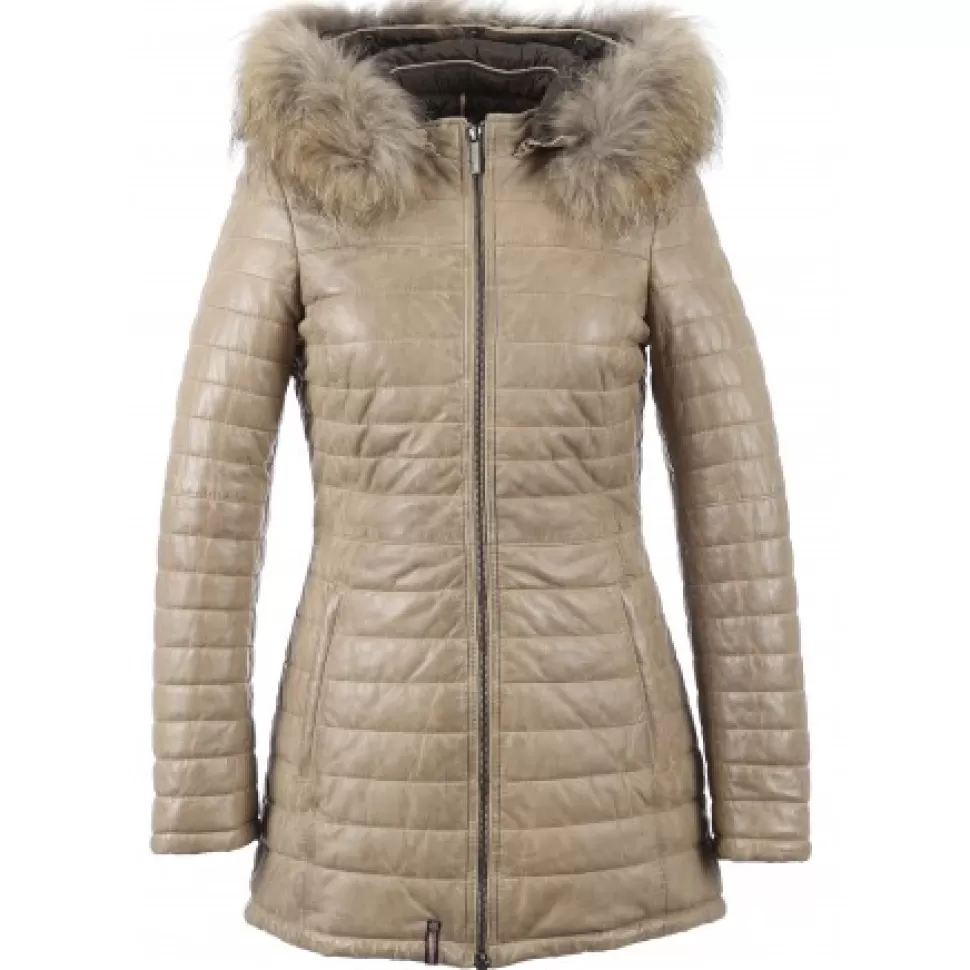 Women OAKWOOD Downjackets*Popping Dark Beige -Two-Tone Genuine Leather Long Down Jacket