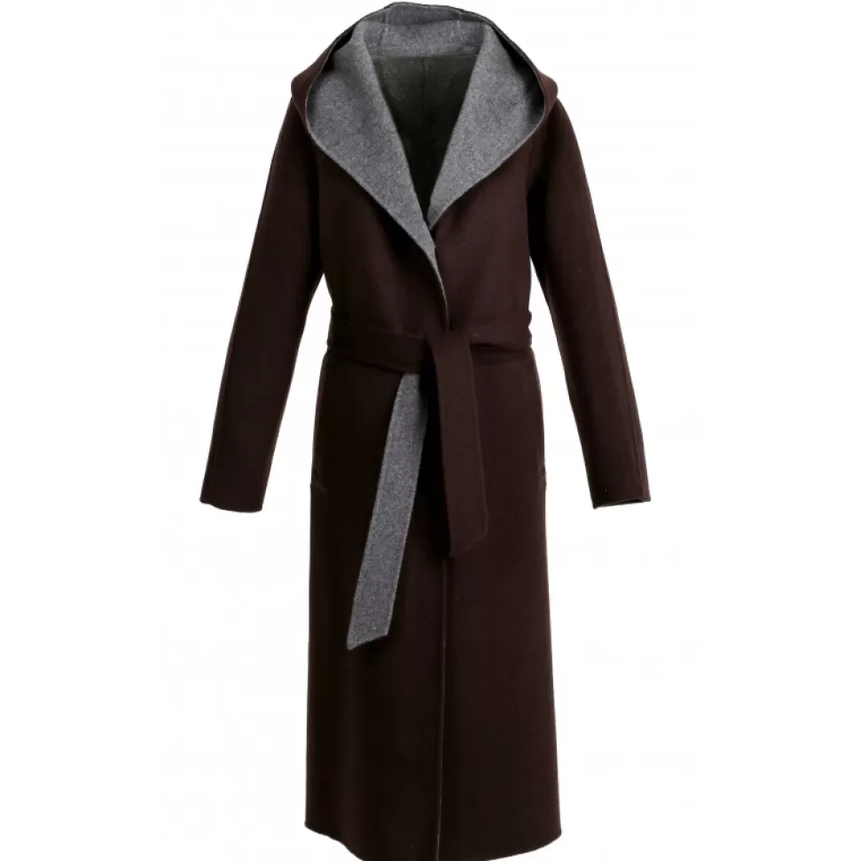 Women OAKWOOD Coats*Positano Bi Dark Brown/Grey - Long Hooded Wool Coat