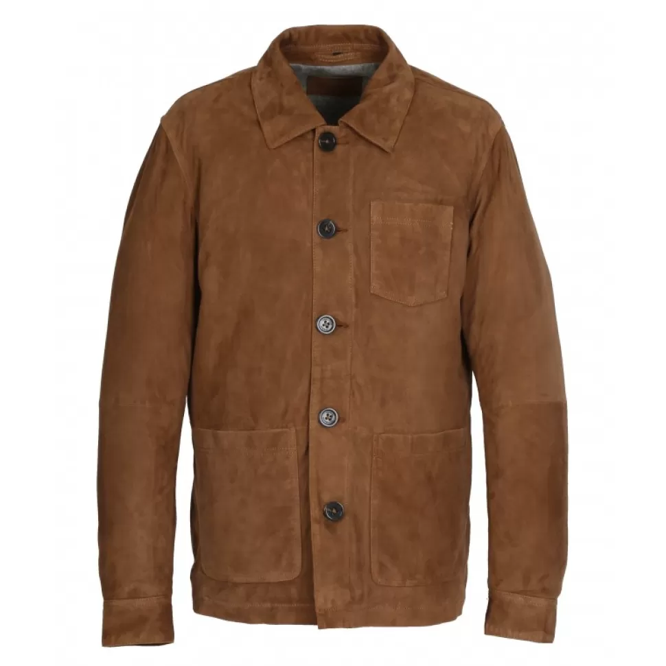 Men OAKWOOD Simple Jackets*Richard Cognac - Mid-Long Genuine Goat Suede Leather Jacket