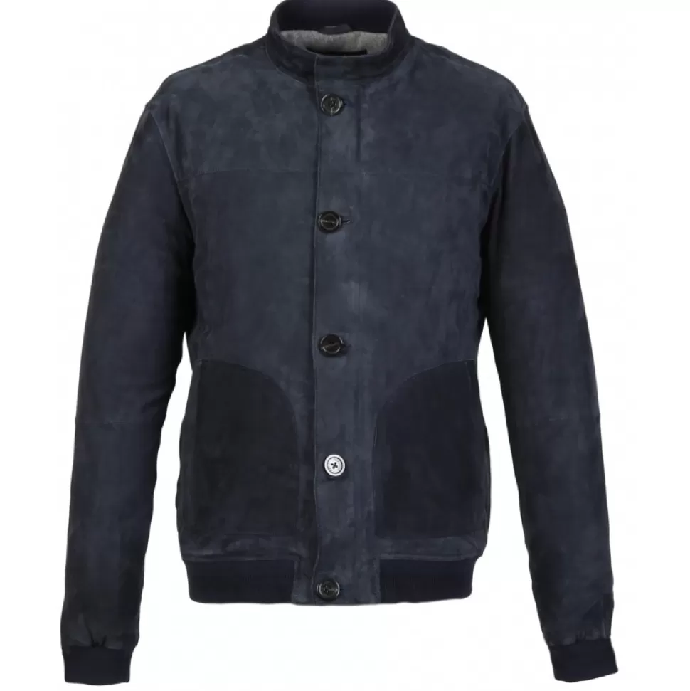 Men OAKWOOD Jackets*Supporter Navy Blue - Genuine Goat Suede Leather Jacket