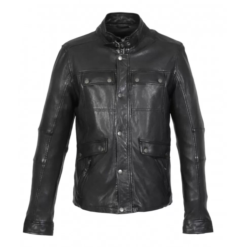 Men OAKWOOD Jackets*Trucker Black - High Collar Genuine Leather Jacket