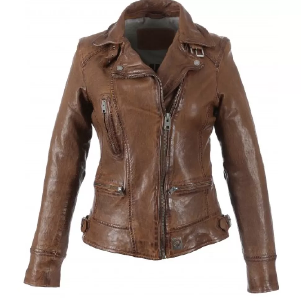 Women OAKWOOD Biker Jackets*Video Tan - Washed Look Genuine Leather Jacket