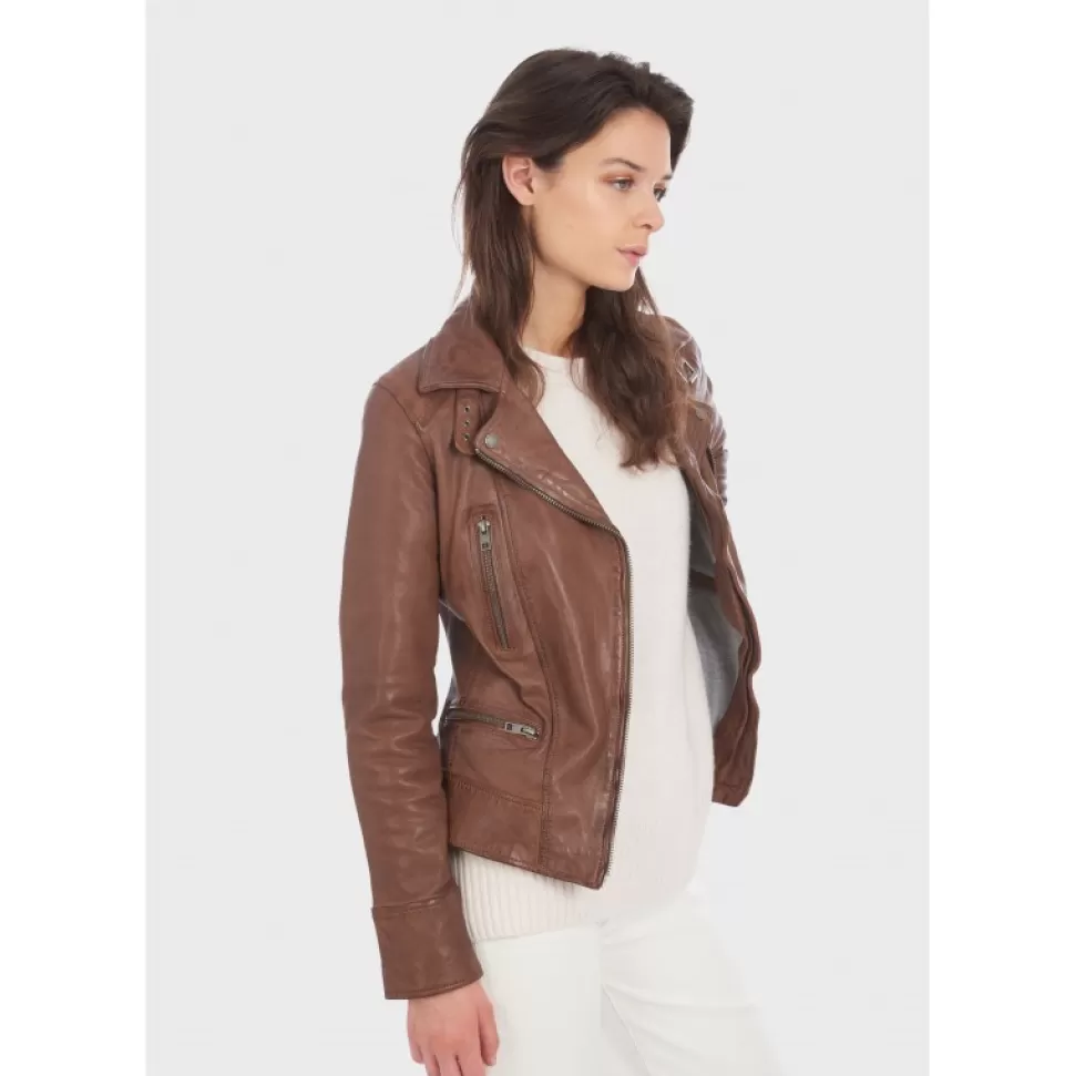 Women OAKWOOD Biker Jackets*Video Tan - Washed Look Genuine Leather Jacket