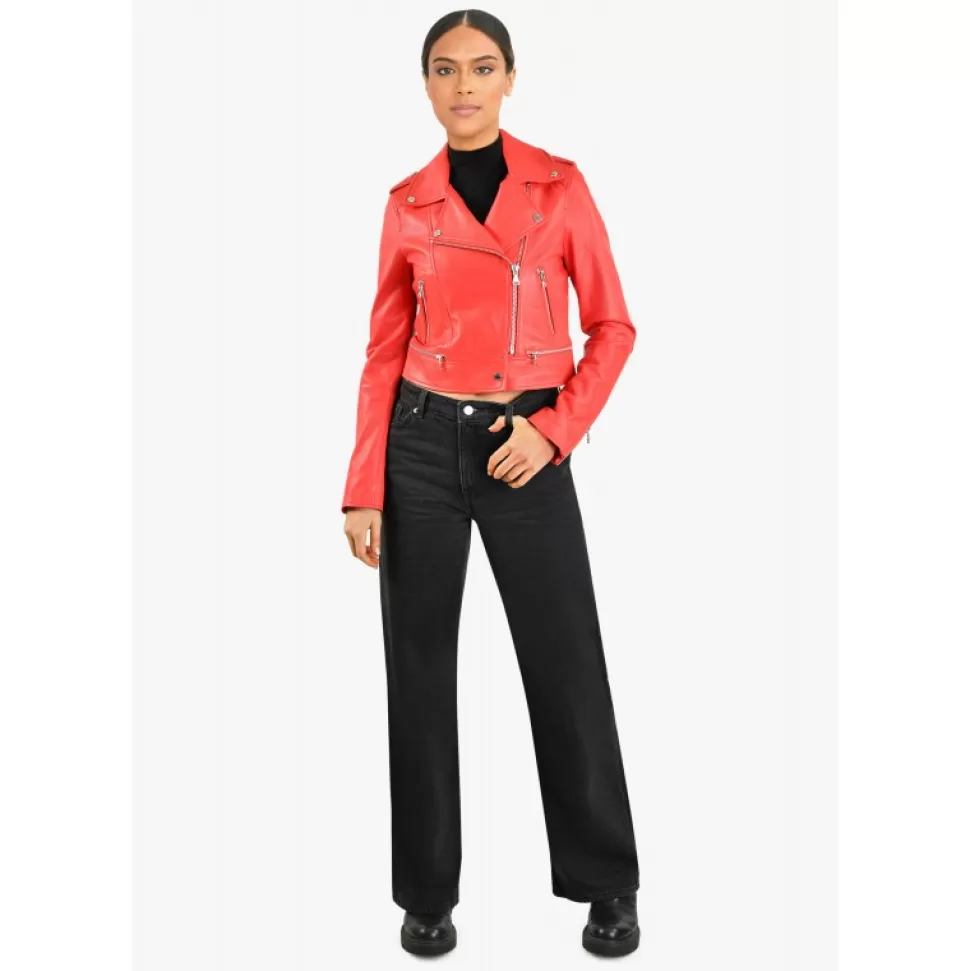 Women OAKWOOD Biker Jackets*Yoko Dark Red - Short Genuine Leather Jacket