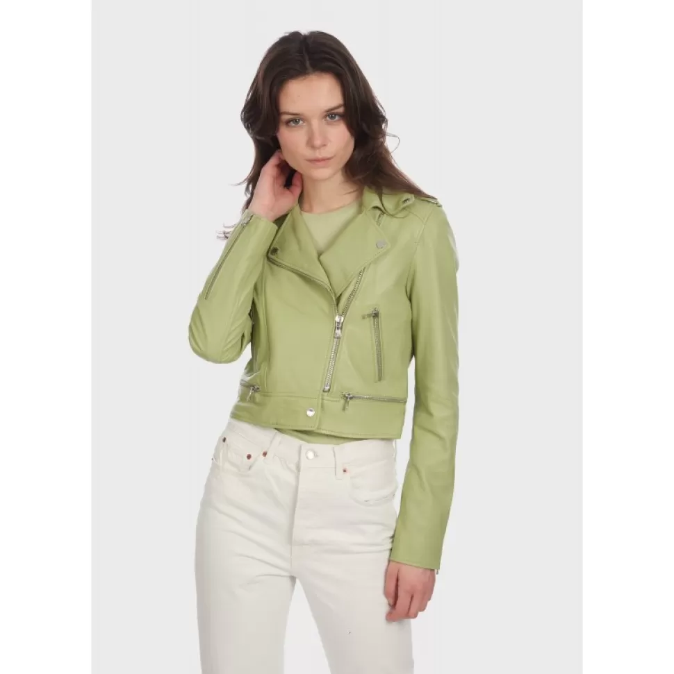 Women OAKWOOD Biker Jackets*Yoko Light Green - Short Genuine Leather Jacket