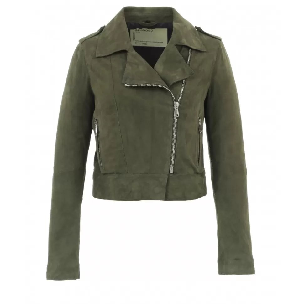 Women OAKWOOD Biker Jackets*Zulina Dark Khaki - Genuine Goat Suede Cropped Biker Jacket