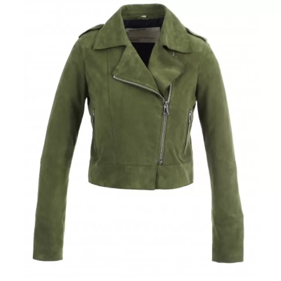 Women OAKWOOD Biker Jackets*Zulina Khaki - Genuine Goat Suede Cropped Biker Jacket