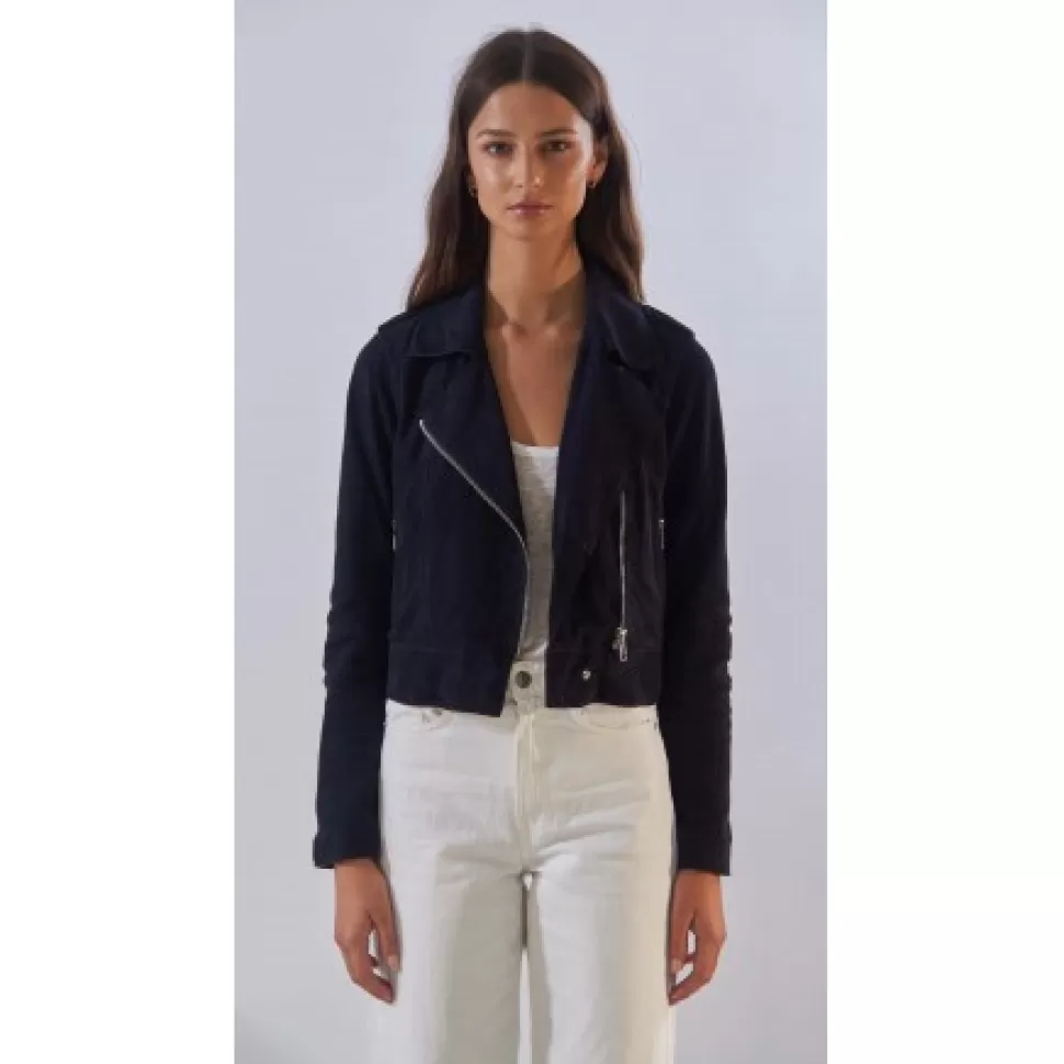 Women OAKWOOD Biker Jackets*Zulina Navy - Genuine Goat Suede Cropped Biker Jacket