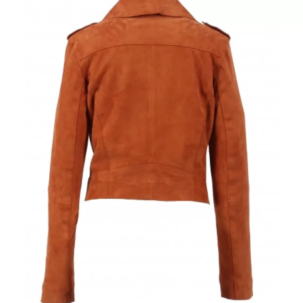 Women OAKWOOD Biker Jackets*Zulina Orange - Genuine Goat Suede Cropped Biker Jacket