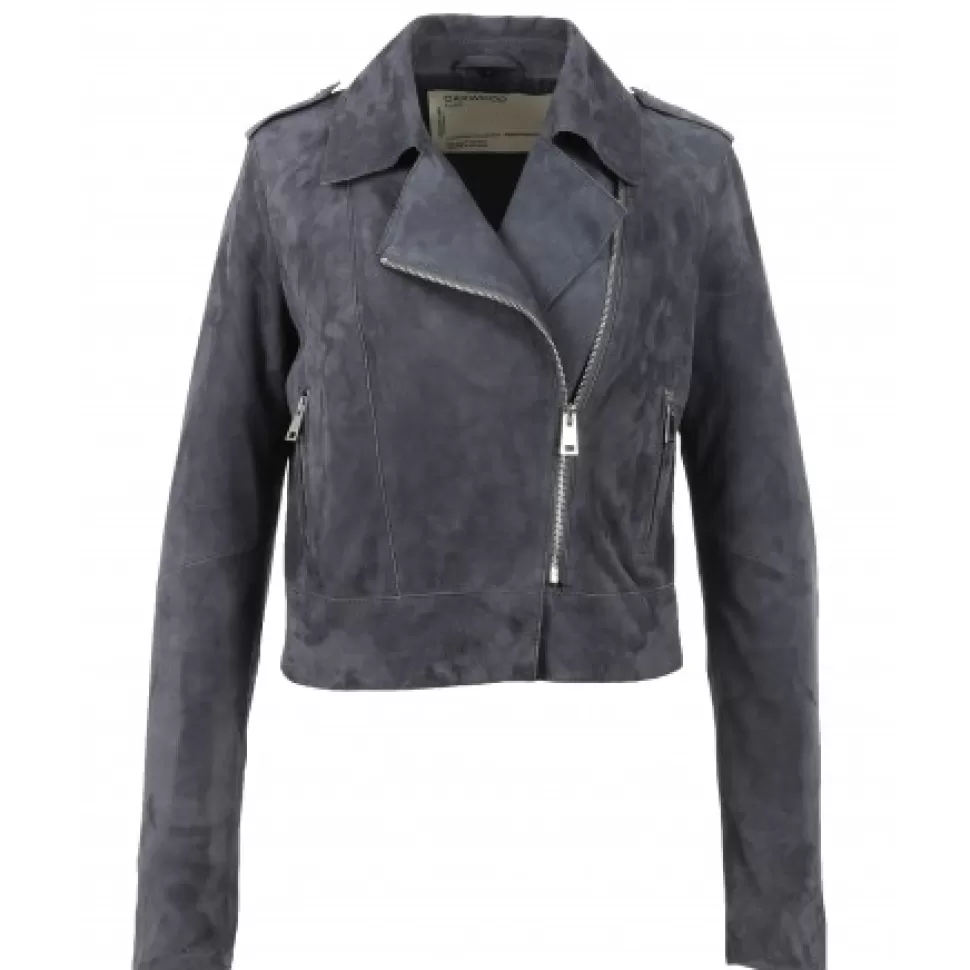 Women OAKWOOD Biker Jackets*Zulina Petrol Blue - Genuine Goat Suede Cropped Biker Jacket