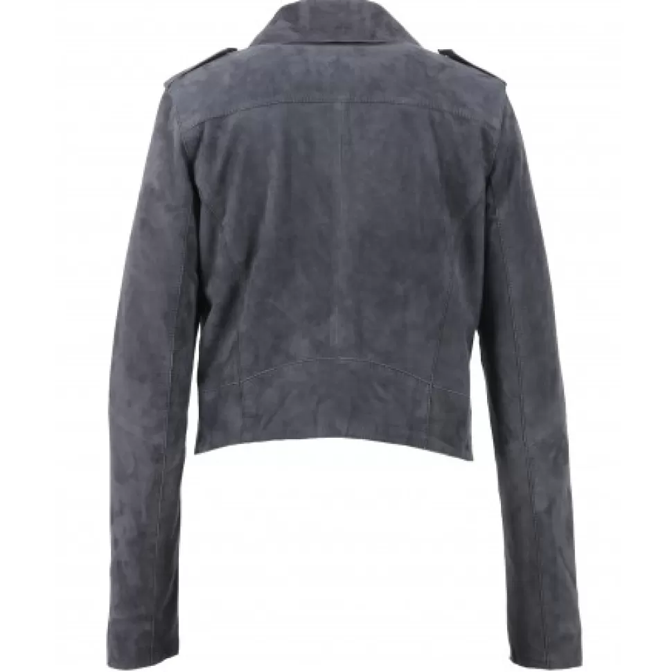 Women OAKWOOD Biker Jackets*Zulina Petrol Blue - Genuine Goat Suede Cropped Biker Jacket